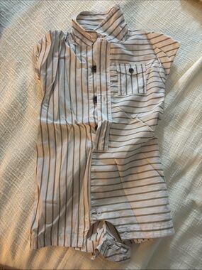 Banana Republic Beige and White Striped Short-Sleeve Baby One-Piece